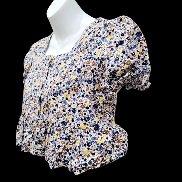 2/$20 Y2K Blue & Yellow Floral Pattern Buttons Down Top Blouse Size: XS - Picture 2 of 7